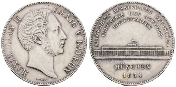 1800 bis 1871 Bayern Maximilian II., 1848-1864 Geschichtsdoppeltaler 1854 München auf die Allgemeine Ausstellung Deutscher Industrie- und Gewerbeerzeugnisse zu München mit Darstellung des Glaspalastes, in welchem die Ausstellung stattfand, Randschrift * VEREINSMÜNZE * VII EINE F . MARK, kl. Randfehler  AKS 166 Wittelsbach 2878 Stutzmann 246 a Jaeger 89 a Dav. 603 Thun 95 Hauser 891 37.04 g. ss-vz