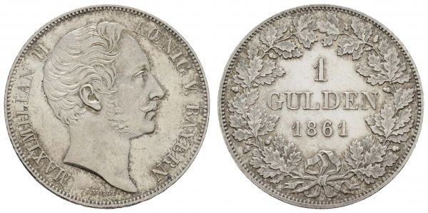 1800 bis 1871 Bayern Maximilian II., 1848-1864 Gulden 1861 München  AKS 151 Jaeger 82 ex Sammlung Dr. med. Bruder 10.54 g. selten in dieser Erhaltung vz+