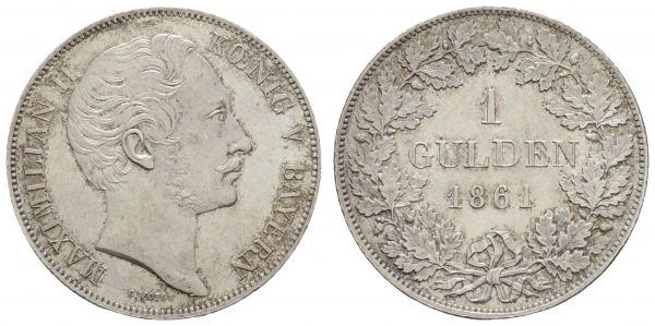 1800 bis 1871 Bayern Maximilian II., 1848-1864 Gulden 1861 München  AKS 151 Jaeger 82 ex Sammlung Dr. med. Bruder 10.53 g. selten in dieser Erhaltung vz+