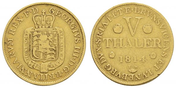 1800 bis 1871 Braunschweig-Calenberg-Hannover George III., 1760-1814 5 Taler 1814 London  Jaeger 101 c Smith 211 Divo/S. 85 Welter 2787 AKS 2 Fried. 619 Schlum. 348 K.M. 1062 6.44 g. ss