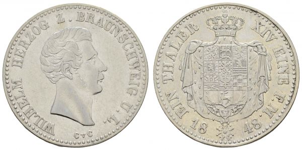 1800 bis 1871 Braunschweig-Lüneburg Wilhelm, 1831-1884 Taler 1848 Braunschweig nur 11.097 Exemplare geprägt  Dav. 632 J. 243 AKS 78 Kahnt 152 Thun 117 22.04 g. ss-vz