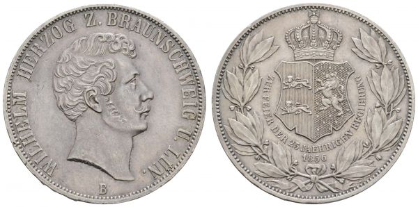 1800 bis 1871 Braunschweig-Lüneburg Wilhelm, 1831-1884 Vereinsdoppeltaler 1856 Hannover auf sein 25-jähriges Regierungsjubiläum, min. Rf.  Dav. 635 J. 252 AKS 97 Kahnt 158 Thun 122 37.05 g. vz