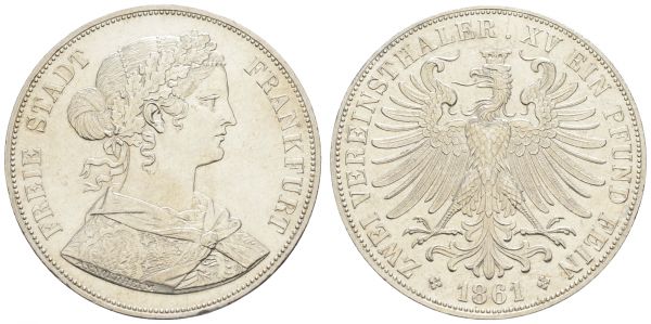 1800 bis 1871 Frankfurt Stadt Doppeltaler 1861  AKS 4 J. 43 Dav. 651 Kahnt 183 Thun 145 36.97 g. vz