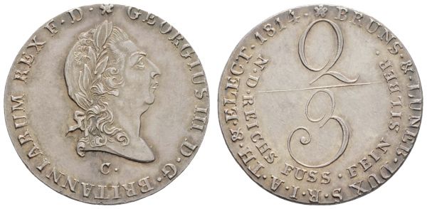 1800 bis 1871 Hannover Georg III., 1760-1820 2/3 Taler 1814 Clausthal kl. Kratzer  AKS 6 fast vz