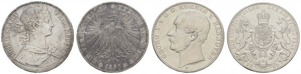 1800 bis 1871 Hannover Georg V., 1851-1866 Taler 1865 berieben vz, dazu Taler Frankfurt 1860 Kratzer ss  AKS 144