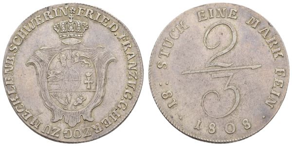 1800 bis 1871 Mecklenburg-Schwerin Friedrich Franz I., 1785-1837 2/3 Taler 1808  AKS 6 J. 20 a Kahnt 284 17.43 g. ss-vz