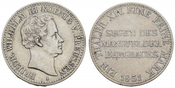 1800 bis 1871 Preußen Friedrich Wilhelm III., 1797-1840 Taler 1831 Berlin Mansfelder Ausbeute  AKS 13 J. 63 Müseler 49.1/27 Dav. 764 Kahnt 371 22.02 g. ss-vz