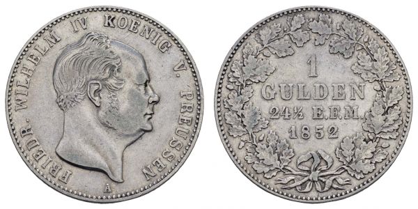 1800 bis 1871 Preußen Friedrich Wilhelm IV., 1840-1861 Gulden 1852 Berlin für Hohenzollern-Sigmaringen als Fürstentum nach der Abtretung an Preußen  AKS 20 J. 23 Bahrf. 146 10.48 g. ss-vz