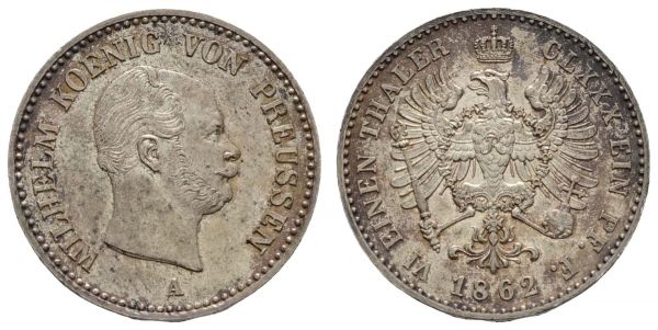 1800 bis 1871 Preußen Wilhelm I., 1861-1888 1/6 Taler 1862 Berlin irisierende Tönung  AKS 100 Olding 409 J. 91 5.34 g. selten in dieser Erhaltung st