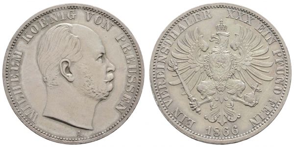 1800 bis 1871 Preußen Wilhelm I., 1861-1888 Taler 1866 A alte Patina  AKS 99 Prachtexemplar fast st