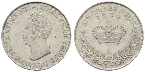 1800 bis 1871 Sachsen-Meiningen Bernhard II. Erich Freund, 1803-1866 Gulden 1830 Saalfeld Kabinettstück  AKS 186 Jaeger 425 12.73 g. sehr selten in dieser Erhaltung st-