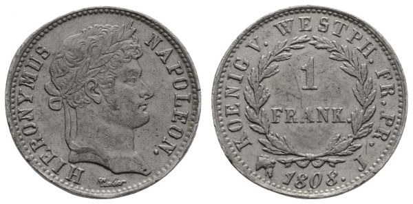 1800 bis 1871 Westfalen Hieronymus Napoleon, 1807-1813 1 Franken 1808 Clausthal (?) Av.: belorbeerte Büste nach rechts, HIERONYMUS-NAPOLEON., Rv.: 1 Frank. im Lorbeerkranz, KOENIG V. WESTPH. FR. PR., im Abschnitt Pferdekopf 1808. J, glatter Rand, Probe in Blei, Essai de plombe d'une grande rareté. Auf der Auktion von Fritz Rudolf Künker erzielte ein Zinnabschlag ohne Jahr den Zuschlag von 2000 €.  AKS 35 Anm. 4.41 g. von großer Seltenheit vz-