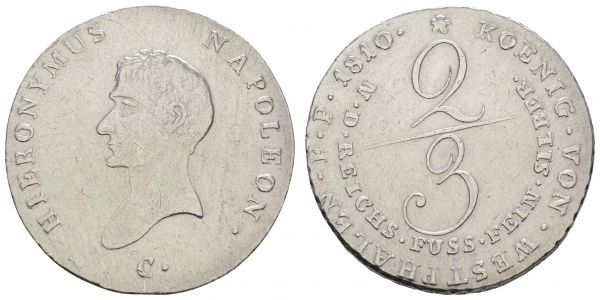 1800 bis 1871 Westfalen Hieronymus Napoleon, 1807-1813 2/3 Taler 1810 Clausthal Av.: bloßes Haupt nach links, HIERONYMUS - NAPOLEON · - C·, Rv.: 2/3, N · D · REICHS · FUSS · FEIN · SILBER ·, Außenkreis: * KOENIG · VON · WESTPHALEN · F · P · 1810 ·, berieben, Kettenrand, gegenständige (französische) Prägung  AKS 11 VG. 1967 Jaeger 16 Kahnt 556 Schütz 2624 13.05 g. ss-vz