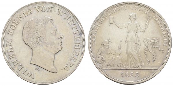 1800 bis 1871 Württemberg Wilhelm I., 1816-1864 Kronentaler 1833 Stuttgart signiert W = Johann Ludwig Wagner und D = Carl Wilhelm Doell, auf die Handelsfreiheit durch Eintracht, Av.: Kopf des Königs nach rechts, Rv.: Merx zwischen Flussgott und Füllhorn, kl. Rf.  AKS 67 Thun 435 Klein/Raff 66 Jaeger 56 Stutzmann 1658 Eb. 122 Slg. Wurster 614 29.13 g. ss-vz