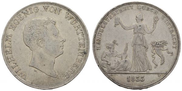 1800 bis 1871 Württemberg Wilhelm I., 1816-1864 Taler 1833 Stuttgart auf die Handelsfreiheit, kleines W. am Halsabschnitt, Randinschrift * KRONENTHALER  AKS 67 Thun 435 Dav. 955 Kahnt 587 Jaeger 56 ex Sammlung Dr. med. Bruder 29.28 g. ss-vz