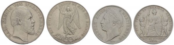 1800 bis 1871 Württemberg Karl, 1864-1891 Taler 1871 Stuttgart auf den Deutsch-Französischen Krieg, dazu Wilhelm, Gulden, 1841 in ss  AKS 132 etc. Dav. 962 etc. 18.47 g. ss-vz