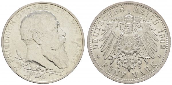 Kaiserreich Silbermünzen Baden Friedrich I. 1856-1907 5 M 1902 (G) 50-jähriges Regierungsjubiläum, ehemaliger Kaufpreis war 598 DM  Jaeger 31 vz+