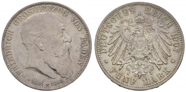 Kaiserreich Silbermünzen Baden Friedrich I. 1856-1907 5 M 1907 Karlsruhe mit Lebensdaten  Jaeger 37 ex Sammlung Dr. med. Bruder selten in dieser Erhaltung vz+