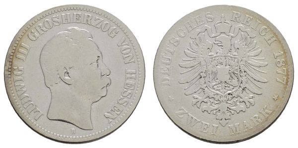 Kaiserreich Silbermünzen Hessen Ludwig III. 1848-1877 2 M 1877 H  Jaeger 66 schön