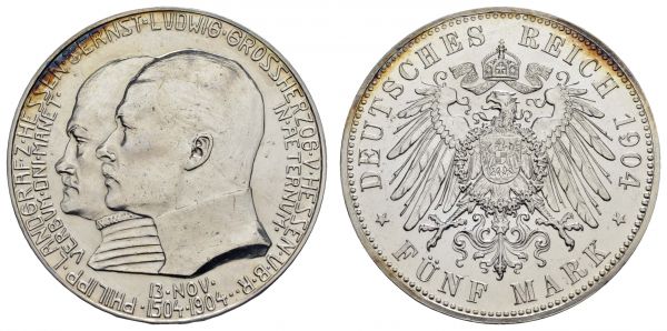 Kaiserreich Silbermünzen Hessen Ernst Ludwig 1892-1918 5 M 1904 Philipp der Großmütige, kl. Kratzer  Jaeger 75 vz-st