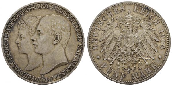 Kaiserreich Silbermünzen Mecklenburg-Schwerin Friedrich Franz IV. 1897-1918 5 M 1904 A Hochzeit mit Feodora, min. Rs.  Jaeger 87 vz