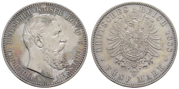 Kaiserreich Silbermünzen Preußen Friedrich III. 1888 5 M 1888 A kl. Kratzer, irisierende Patina  Jaeger 99 vz-st