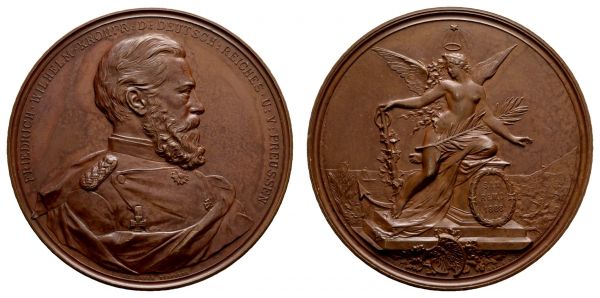 Kaiserreich Silbermünzen Preußen Friedrich III. 1888 Bronzemedaille 1888 von Schwabe, auf seinen Aufenthalt in San Remo, Av.: Brustbild des Kronprinzen in Uniform und Mantel nach rechts, Rv.: Genius der Hoffnung mit Anker und Palmzweig auf einem Postament kniend, im Hintergrund das Meer und die Stadt San Remo, feine Patina  Slg. Marienburg 6559 110.66 g. selten vz-st