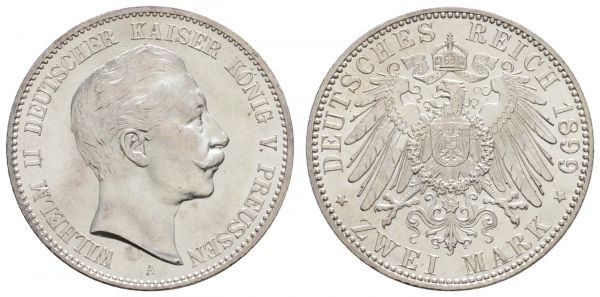 Kaiserreich Silbermünzen Preußen Wilhelm II. 1888-1918 2 M 1899 A Kabinetterhaltung  Jaeger 102 11.08 g. sehr selten in dieser Erhaltung vz-st