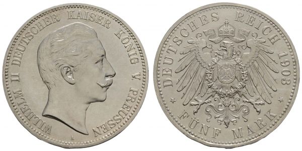 Kaiserreich Silbermünzen Preußen Wilhelm II. 1888-1918 5 M 1903 A Kratzer, Rf., feine Patina  Jaeger 104 vz-st aus Erstabschlag