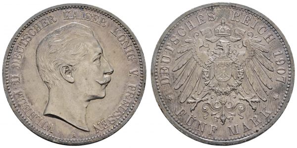 Kaiserreich Silbermünzen Preußen Wilhelm II. 1888-1918 5 M 1907 A min. Rf., feine Tönung  Jaeger 104 27.74 g. selten in dieser Erhaltung vz