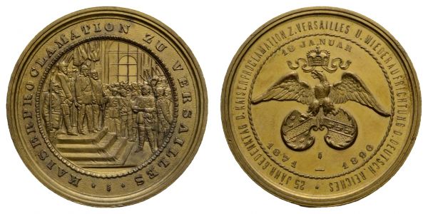 Kaiserreich Silbermünzen Preußen Wilhelm II. 1888-1918 vergoldete Bronzemedaille 1896 von W. Beyenbach, auf den 25. Jahrestag der Kaiserproklamation  Slg. Marienburg 7039 49.39 g. selten vz-st