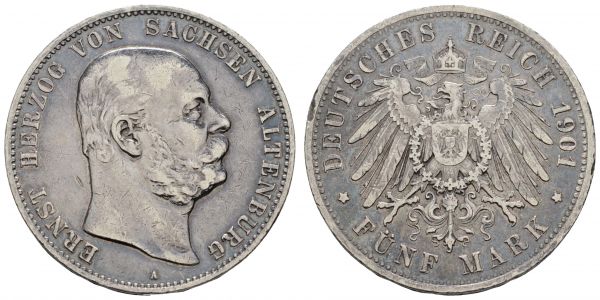 Kaiserreich Silbermünzen Sachsen-Altenburg Ernst 1853-1908 5 M 1901 A Kratzer, Rf., berieben, auf den 75. Geburtstag des Herzogs, nur 20.000 Exemplare geprägt  Jaeger 143 ss