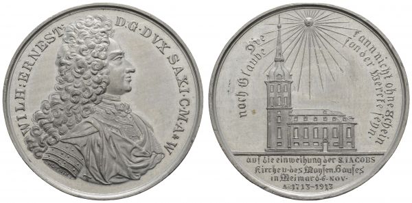 Kaiserreich Silbermünzen Sachsen-Weimar-Eisenach Wilhelm Ernst 1901-1918 1913 Zinnmedaille nach Ch. Wermuth auf die 200-Jahrfeier der Einweihung der Jakobskirche und des Waisenhauses in Weimar anlässlich des Geburtstages des Herzogs am 13. Oktober 1713, Av.: Brustbild des Herzogs Wilhelm Ernst nach rechts, Rv.: Ansicht der Kirche, darüber strahlende Sonne, mit einem Stempel nach der Medaille von 1713 auf die Einweihung geprägt, im Revers wurde die letzte Zeile im Abschnitt geändert in: Ao:1713-1913, kl. Kratzer, sonst Pracht  Wohlfahrt zu 13010 (1713) Slg. Merseburger zu 3937 (1713) 34.45 g. selten, vor allem in dieser Erhaltung vz+