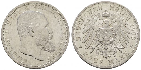 Kaiserreich Silbermünzen Württemberg Wilhelm II. 1891-1918 5 M 1908 F  Jaeger 176 vz