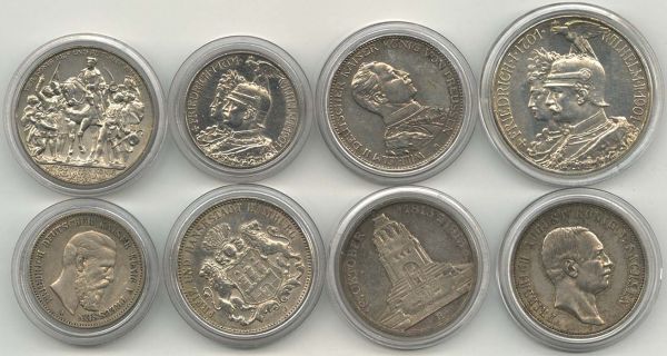 Kaiserreich Silbermünzen Allgemein  Des Kaisers neue Kleider, 1x 5 Mark (200 Jahre Preussen), 5x 3 Mark, 2x 2 Mark (Friedrich III. und 200 Jahre Preussen), Fotos im Internet