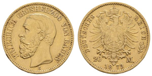 Kaiserreich Goldmünzen Baden Friedrich I.1856-1907 20 M 1873 G  Jaeger 184 ss-vz