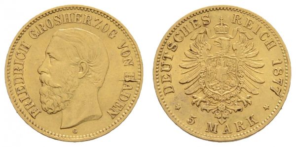 Kaiserreich Goldmünzen Baden Friedrich I.1856-1907 5 M 1877 G Stempelbruch im Avers  Jaeger 185 1.97 g. ss-vz