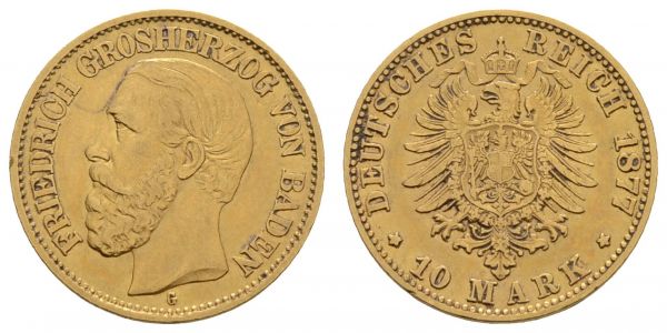 Kaiserreich Goldmünzen Baden Friedrich I.1856-1907 10 M 1877 G  Jaeger 186 ss