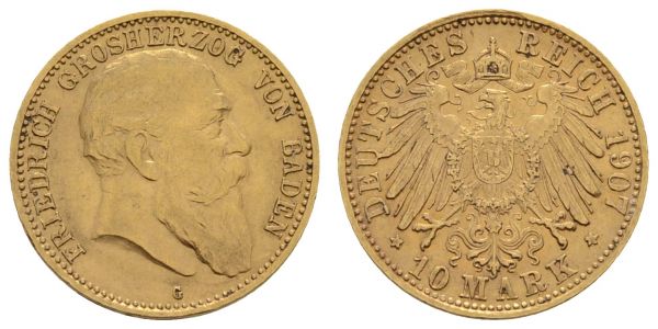 Kaiserreich Goldmünzen Baden Friedrich II. 1907-1918 10 M 1907 G  Jaeger 190 ss-vz