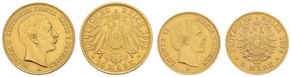 Kaiserreich Goldmünzen Bayern Ludwig II. 1864-1886 5 M 1877 D stark gereinigtes Exemplar, dazu ein stark bearbeitetes 10 M Stück Preussen 1905, so leider nur noch Belegstück zum vergleichen