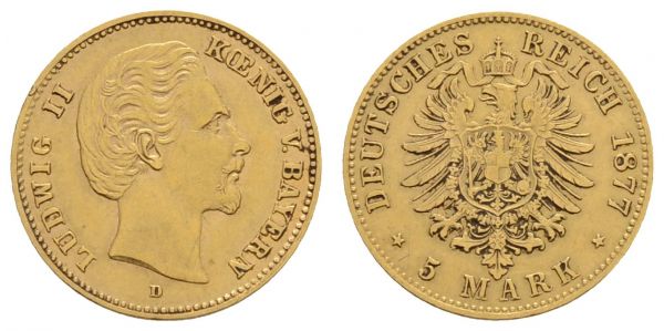 Kaiserreich Goldmünzen Bayern Ludwig II. 1864-1886 5 M 1877 D  Jaeger 195 1.96 g. ss-vz