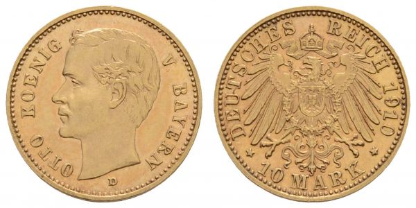 Kaiserreich Goldmünzen Bayern Otto 1886-1913 10 M 1910 D  Jaeger 201 3.97 g. ss-vz