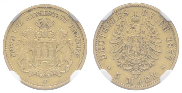 Kaiserreich Goldmünzen Hamburg Freie und Hansestadt 5 M 1877 J im NGC-Slab AU 55  Jaeger 208