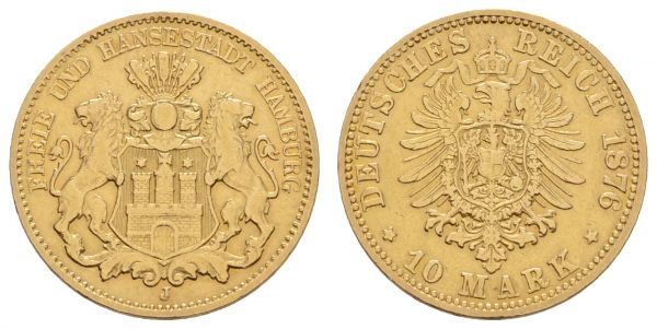 Kaiserreich Goldmünzen Hamburg Freie und Hansestadt 10 M 1876 J Auflage nur 6321 Exemplare  Jaeger 209 Selten / Rare ss