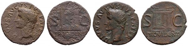 Römer Kaiserzeit Tiberius, 14-37 u.Z. Æ Dupondius Rom Für Divus Augustus, geprägt unter Tiberius, Rv. Provident, 2 Exemplare  RIC 81 11.07 g. s-ss