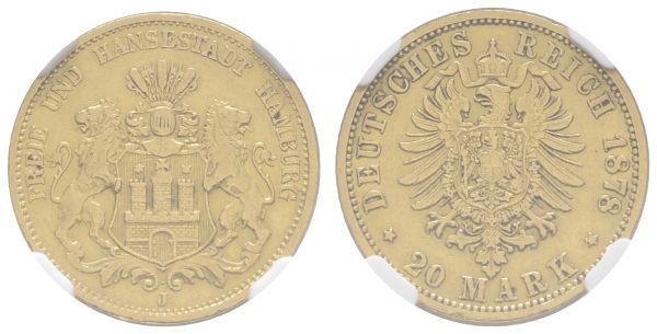 Kaiserreich Goldmünzen Hamburg Freie und Hansestadt 20 M 1878 J im NGC-Slab XF 45  Jaeger 210