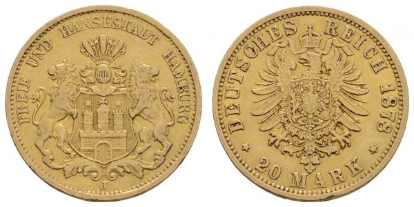 Kaiserreich Goldmünzen Hamburg Freie und Hansestadt 20 M 1878 J  Jaeger 210 ss-vz