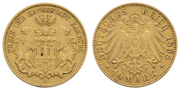 Kaiserreich Goldmünzen Hamburg Freie und Hansestadt 10 M 1898 J  Jaeger 211 3.95 g. ss-vz