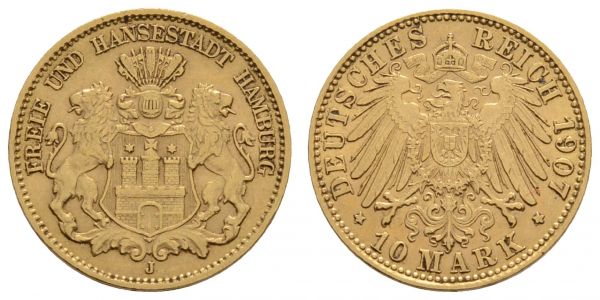 Kaiserreich Goldmünzen Hamburg Freie und Hansestadt 10 M 1907 J  Jaeger 211 ss-vz