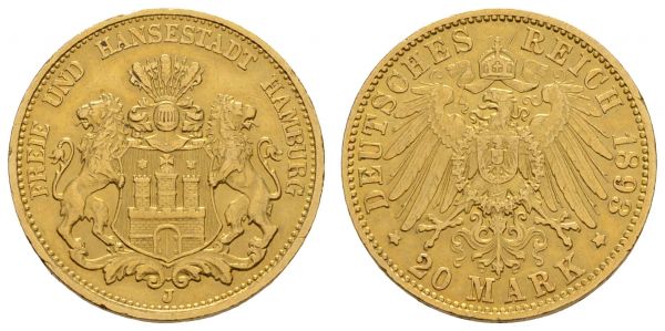 Kaiserreich Goldmünzen Hamburg Freie und Hansestadt 20 M 1893 J kl. Rf.  Jaeger 211 ss-vz